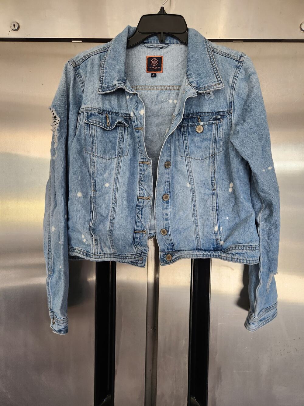 Boom Boom Jeans Womens Denim Jacket L Distressed Ripped Splatter Light Wash Blue